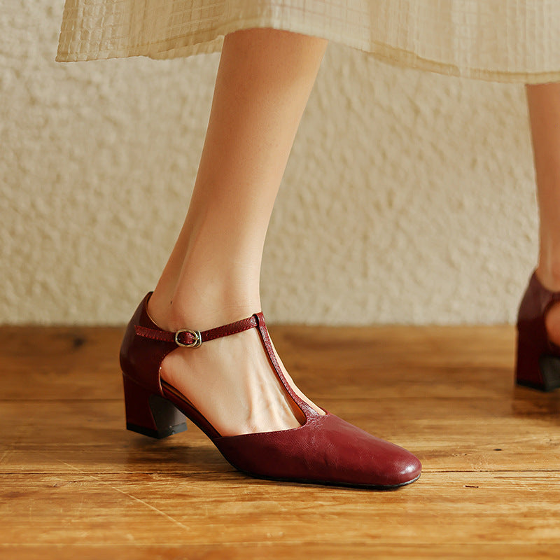 Women's Premium Leather T-Strap Heels Corvine