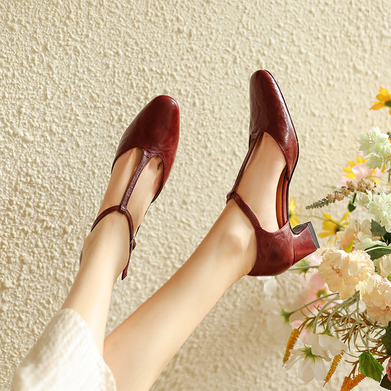 Women's Premium Leather T-Strap Heels Corvine