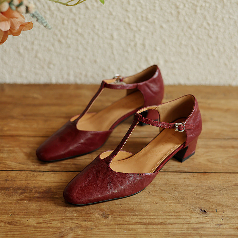 Women's Premium Leather T-Strap Heels Corvine