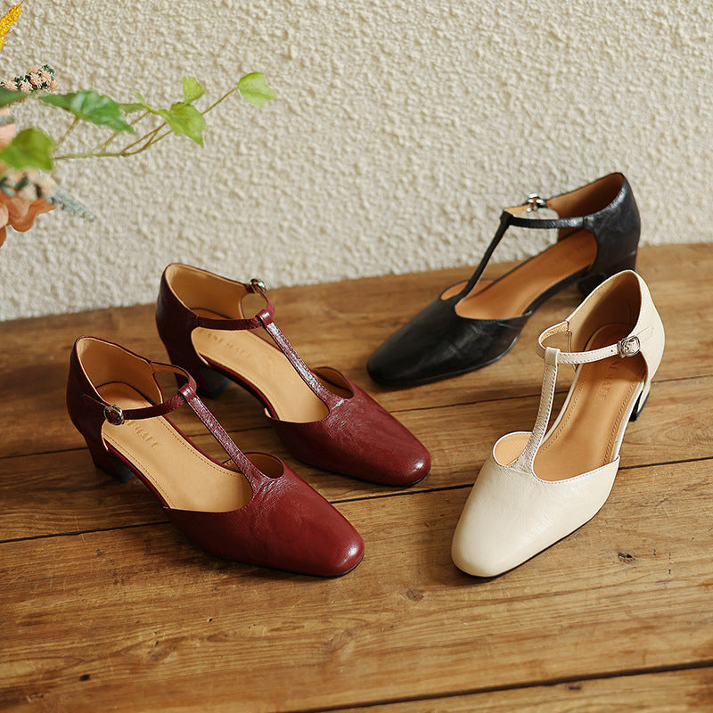 Women's Premium Leather T-Strap Heels Corvine