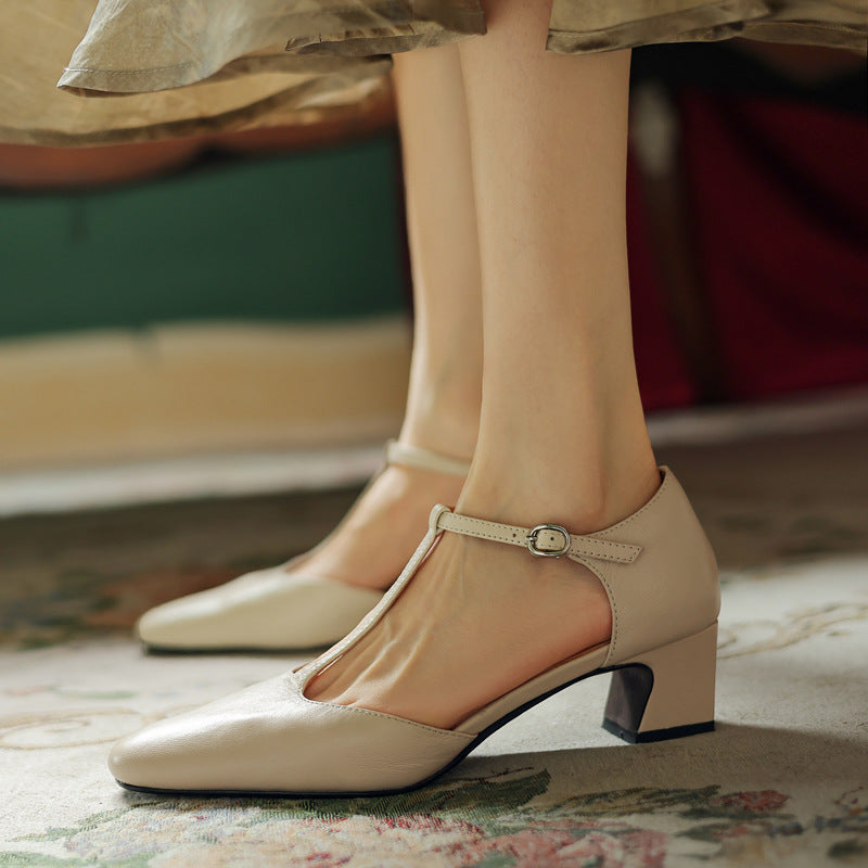 Women's Premium Leather T-Strap Heels Corvine