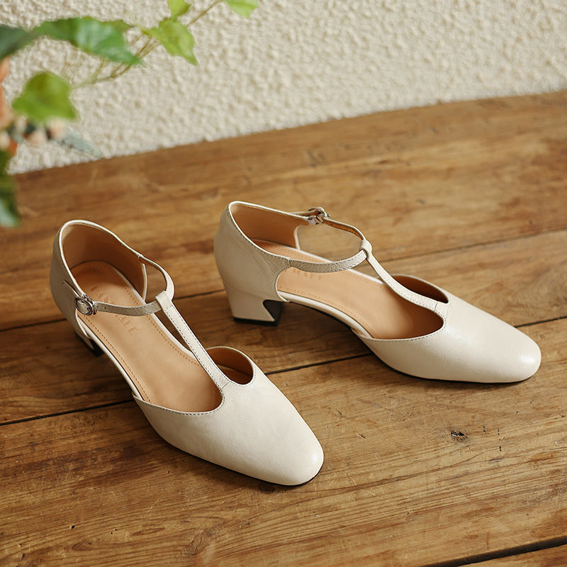 Women's Premium Leather T-Strap Heels Corvine