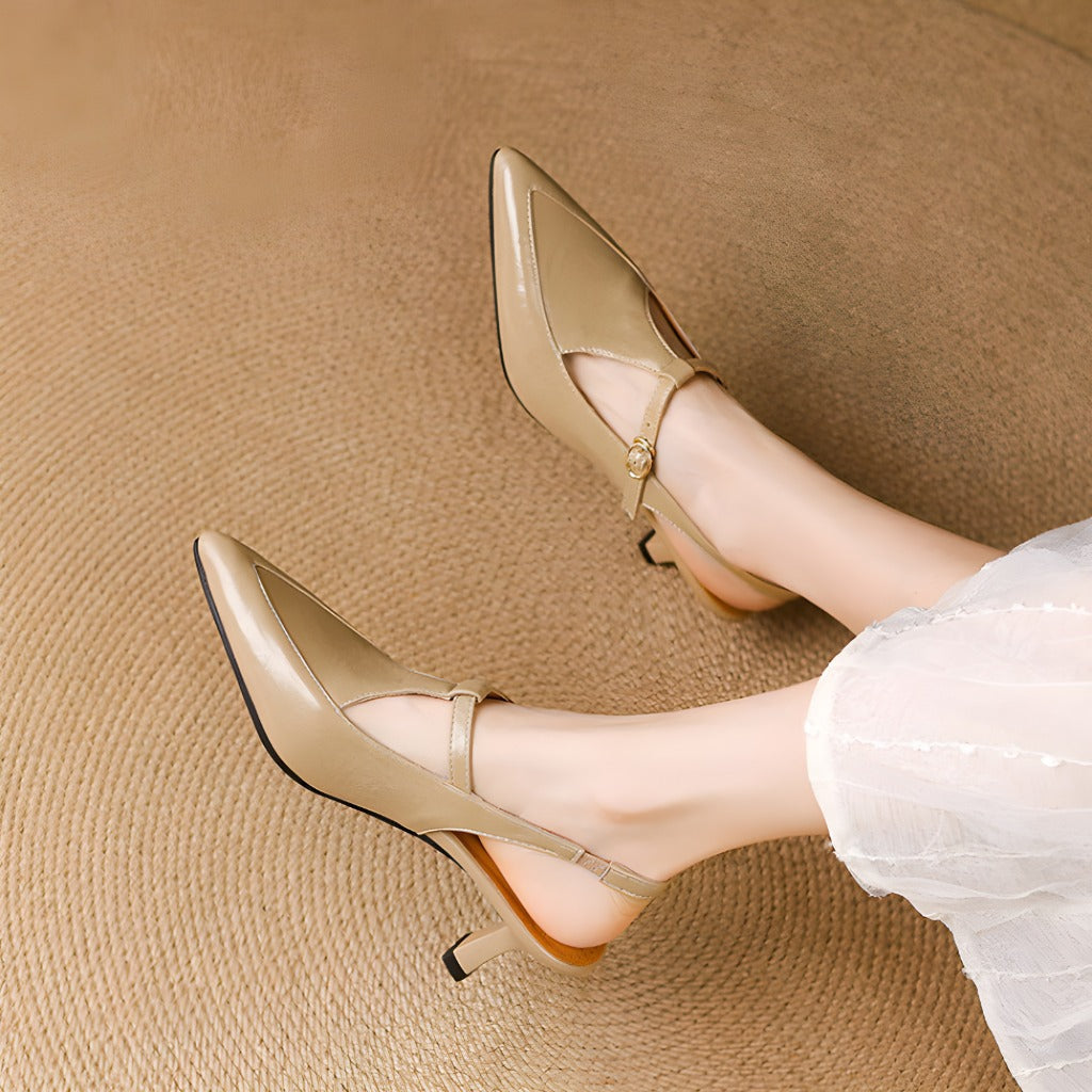Women's Premium Leather T-Strap Slingback Heels Corvine