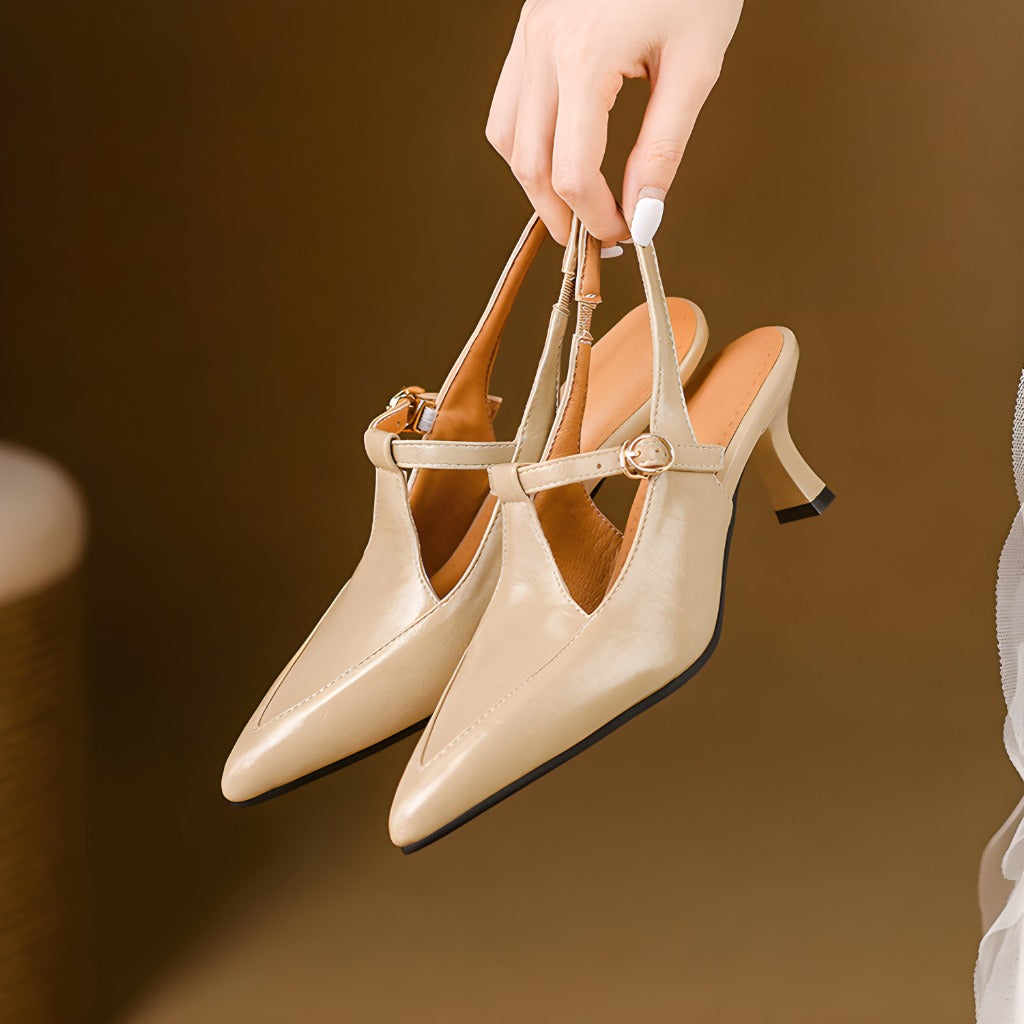 Women's Premium Leather T-Strap Slingback Heels Corvine