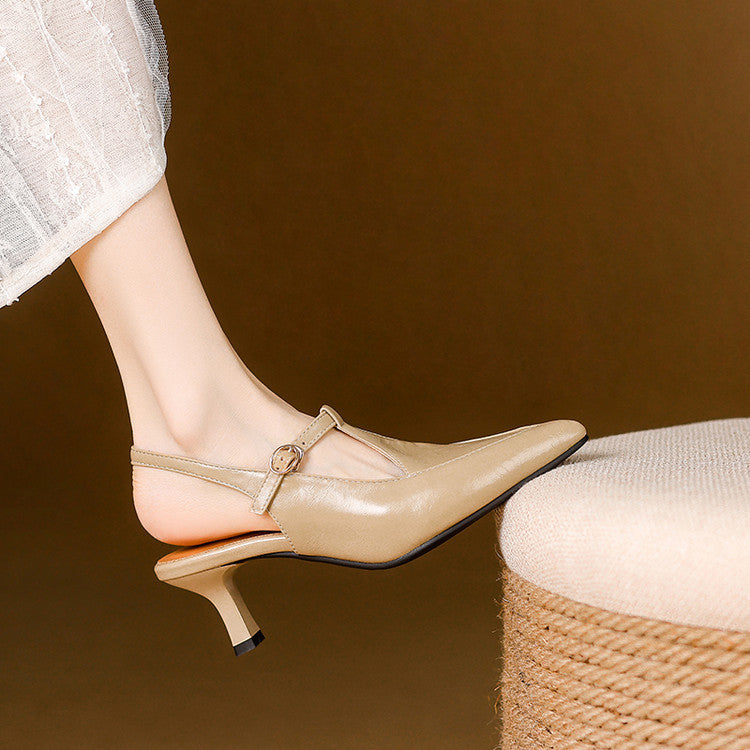 Women's Premium Leather T-Strap Slingback Heels Corvine