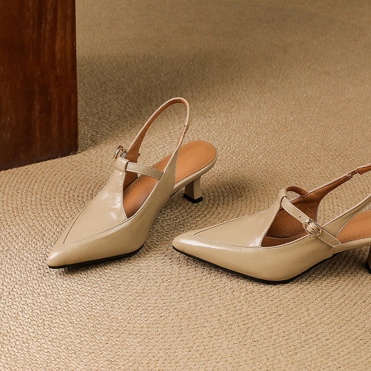 Women's Premium Leather T-Strap Slingback Heels Corvine