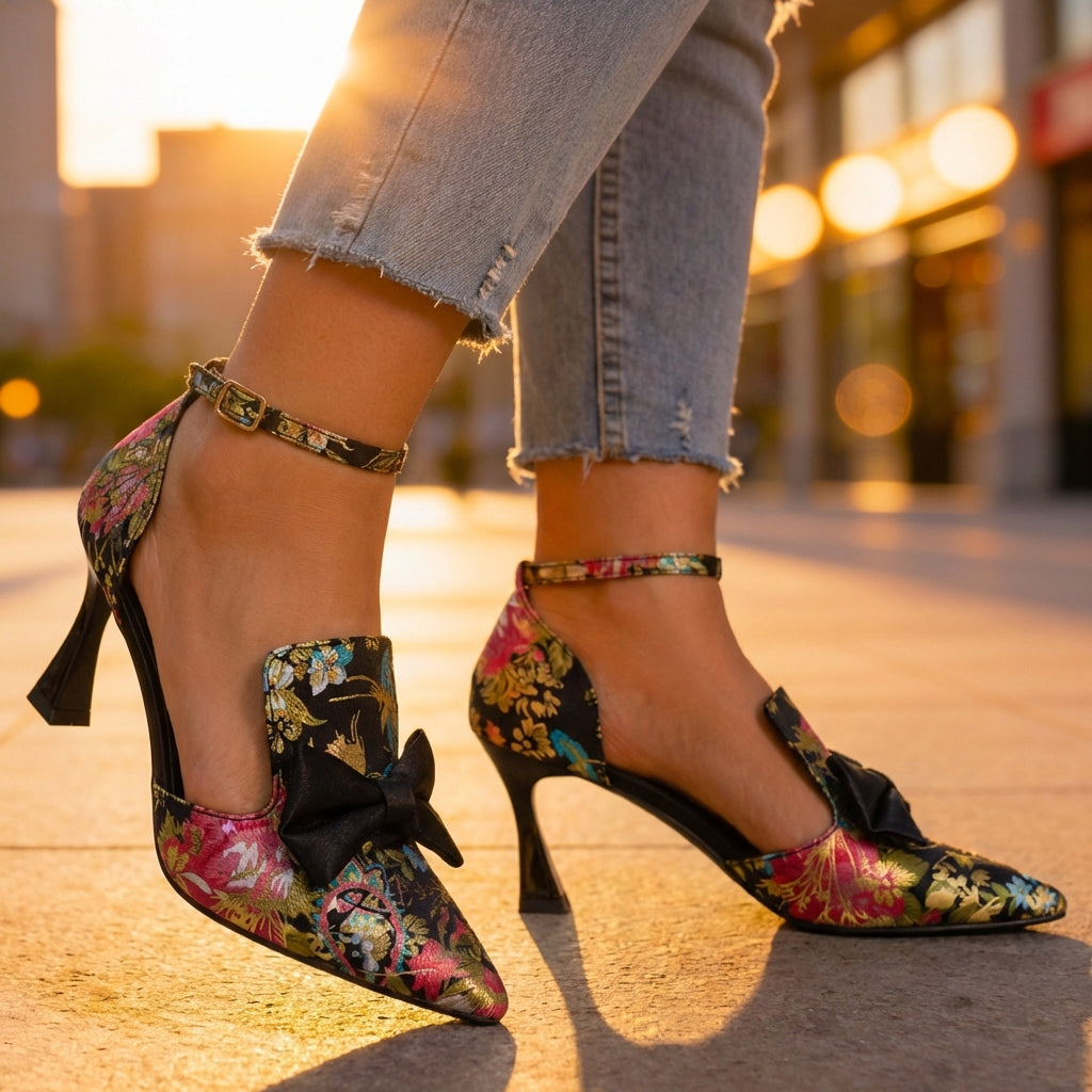 Women's Premium Silk Floral Print Pointed Heels Corvine