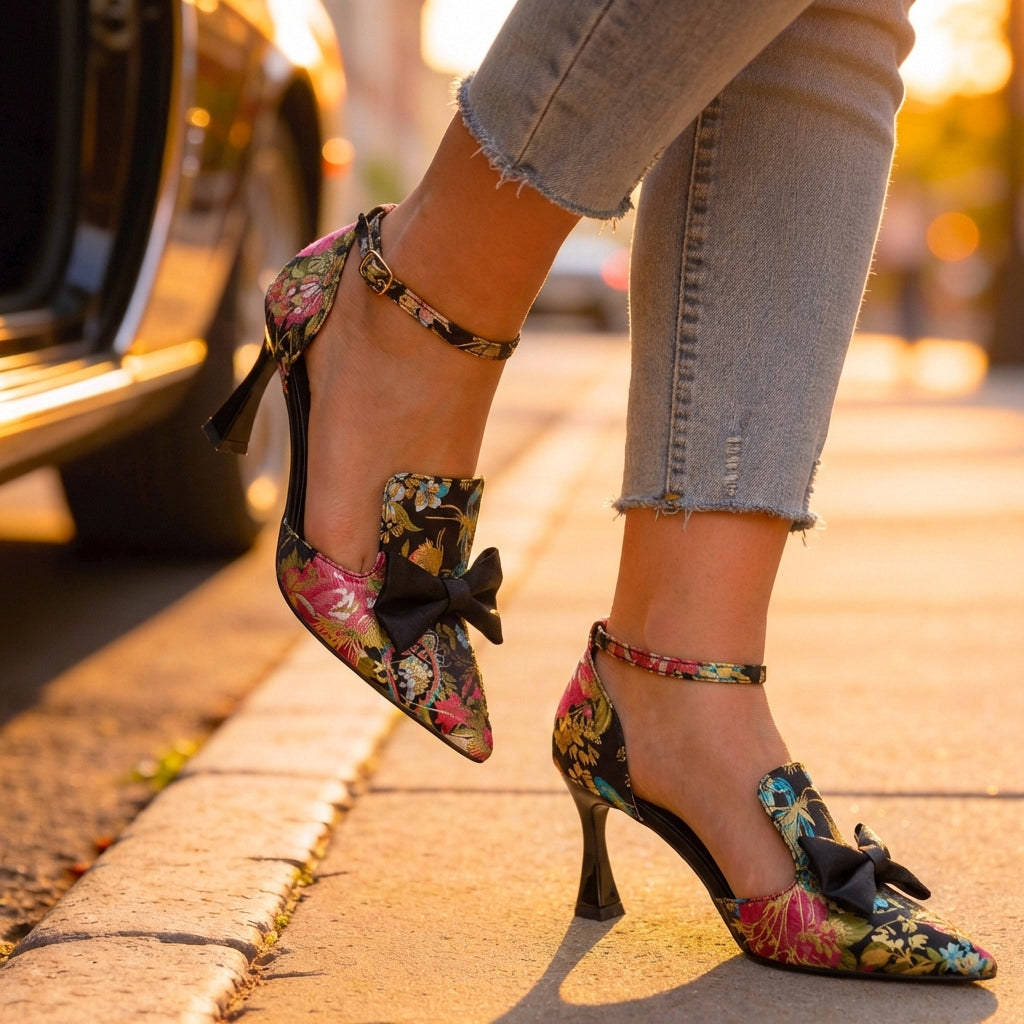 Women's Premium Silk Floral Print Pointed Heels Corvine