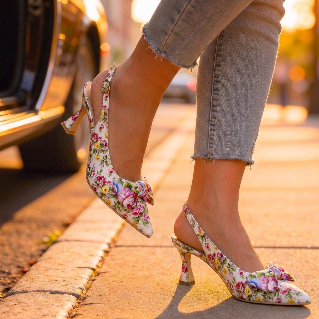 Women's Premium Silk Floral Slingback Heels Corvine