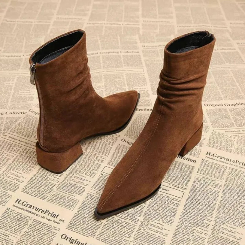 Women's Premium Suede Pointed Toe Black Ankle Boots Corvine