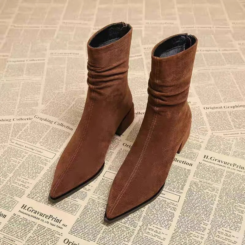 Women's Premium Suede Pointed Toe Black Ankle Boots Corvine
