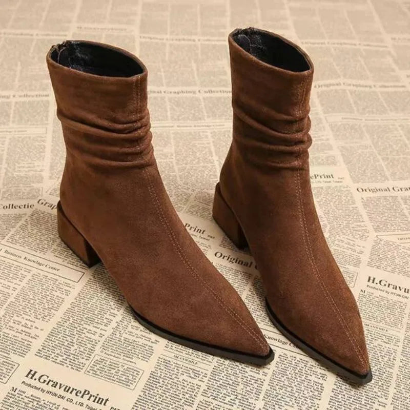 Women's Premium Suede Pointed Toe Black Ankle Boots Corvine