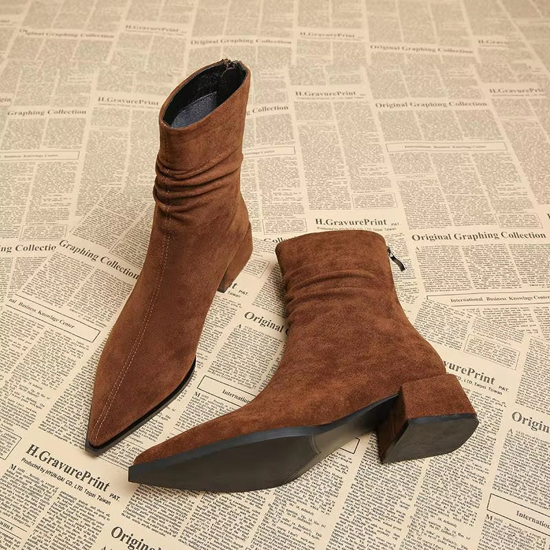 Women's Premium Suede Pointed Toe Black Ankle Boots Corvine