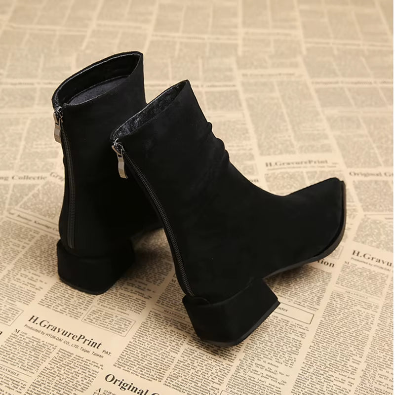 Women's Premium Suede Pointed Toe Black Ankle Boots Corvine