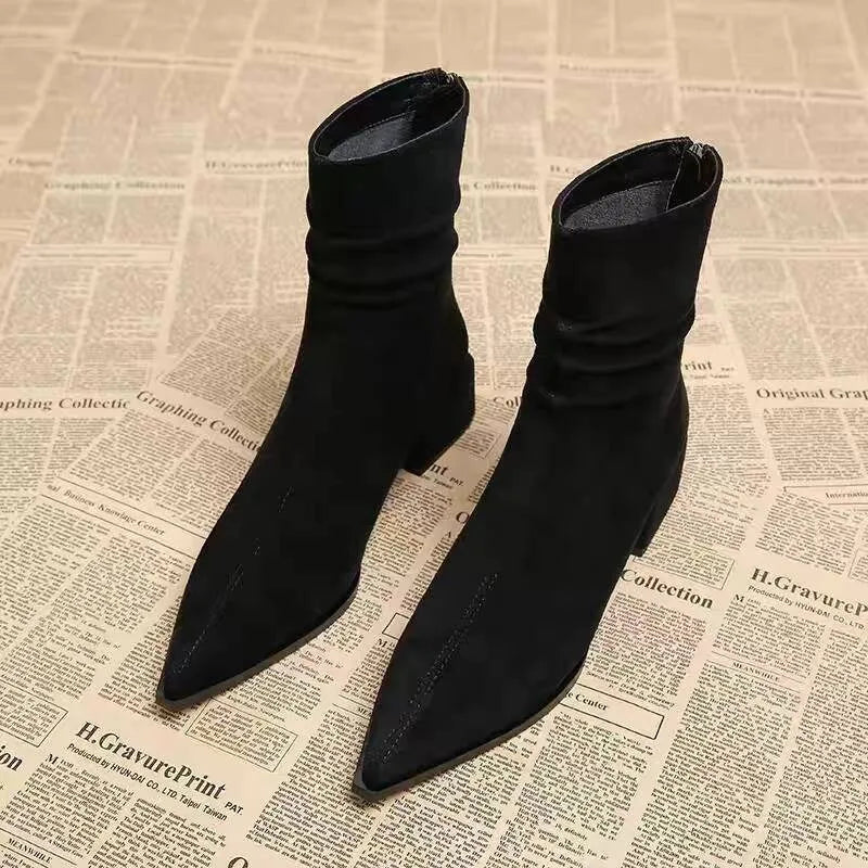 Women's Premium Suede Pointed Toe Black Ankle Boots Corvine