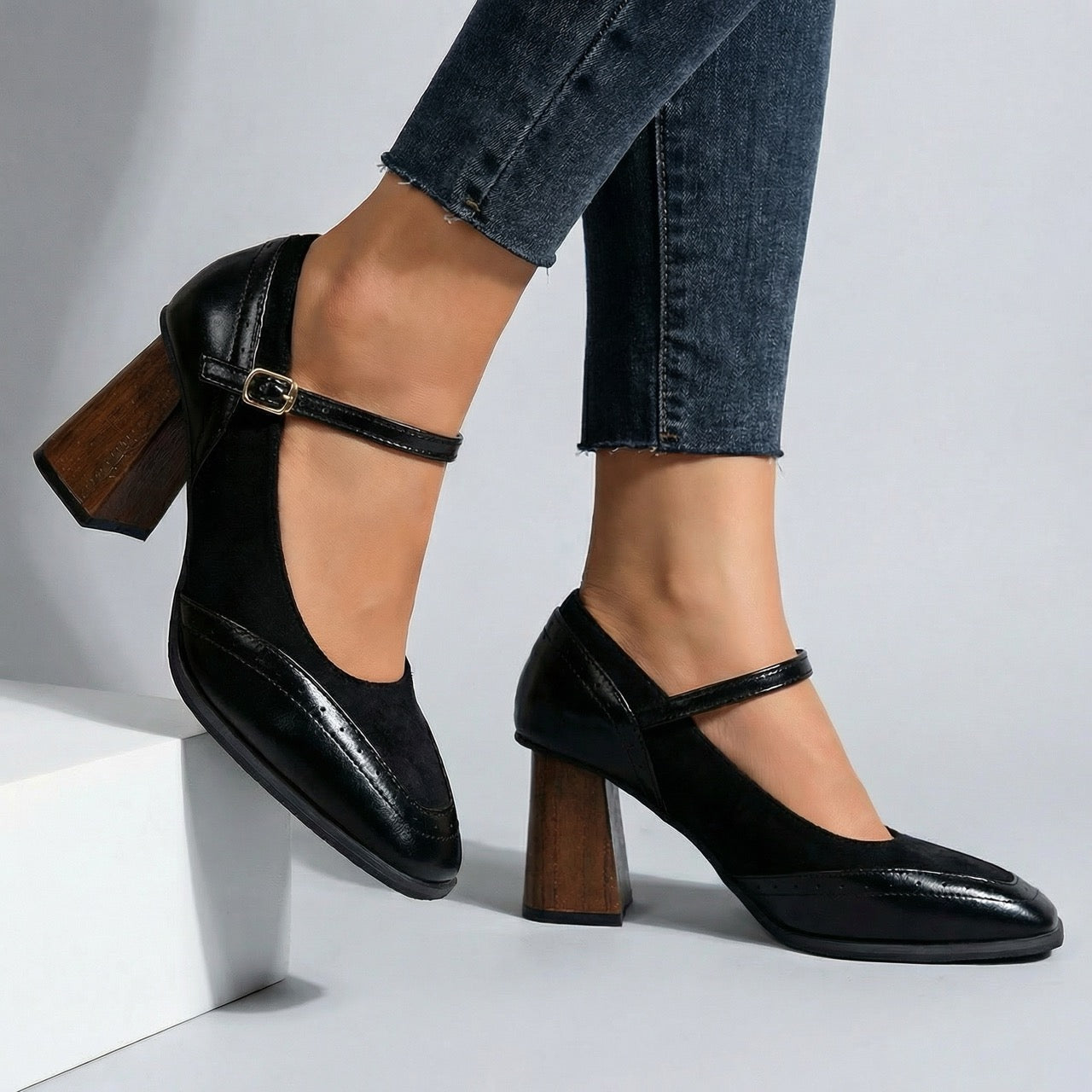 Women's Premium Vegan Leather Block Heel Mary Janes Corvine