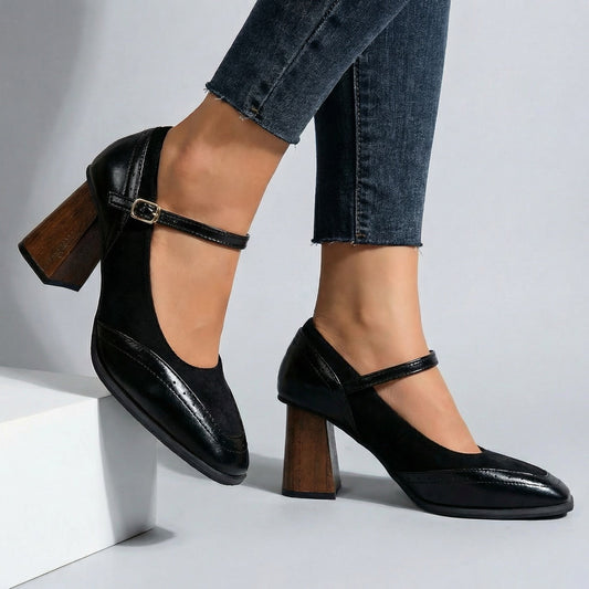 Women's Premium Vegan Leather Block Heel Mary Janes Corvine