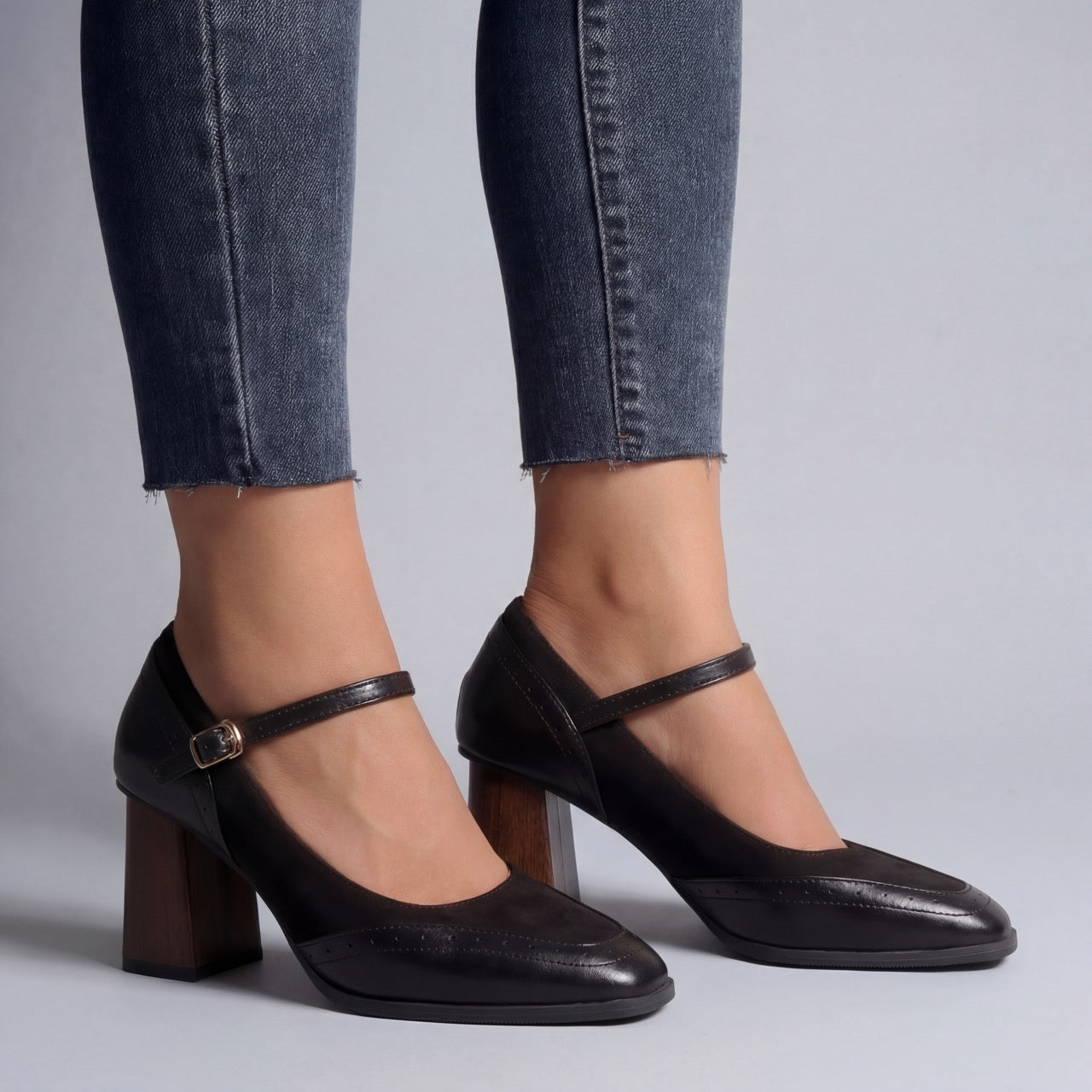 Women's Premium Vegan Leather Block Heel Mary Janes Corvine