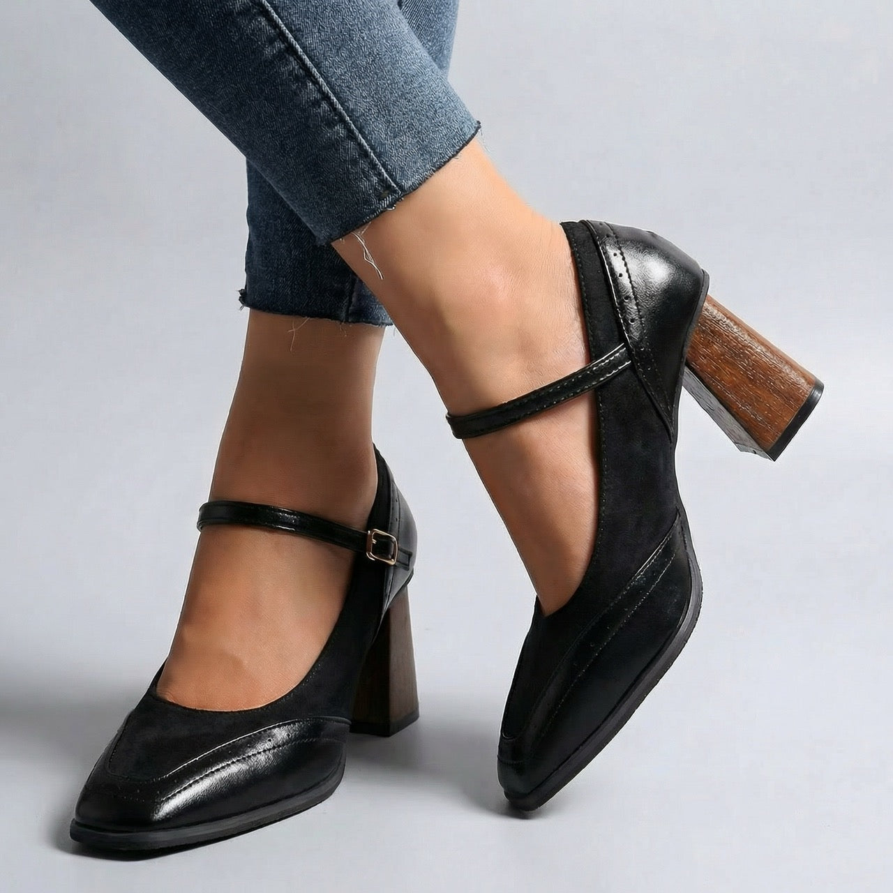 Women's Premium Vegan Leather Block Heel Mary Janes Corvine
