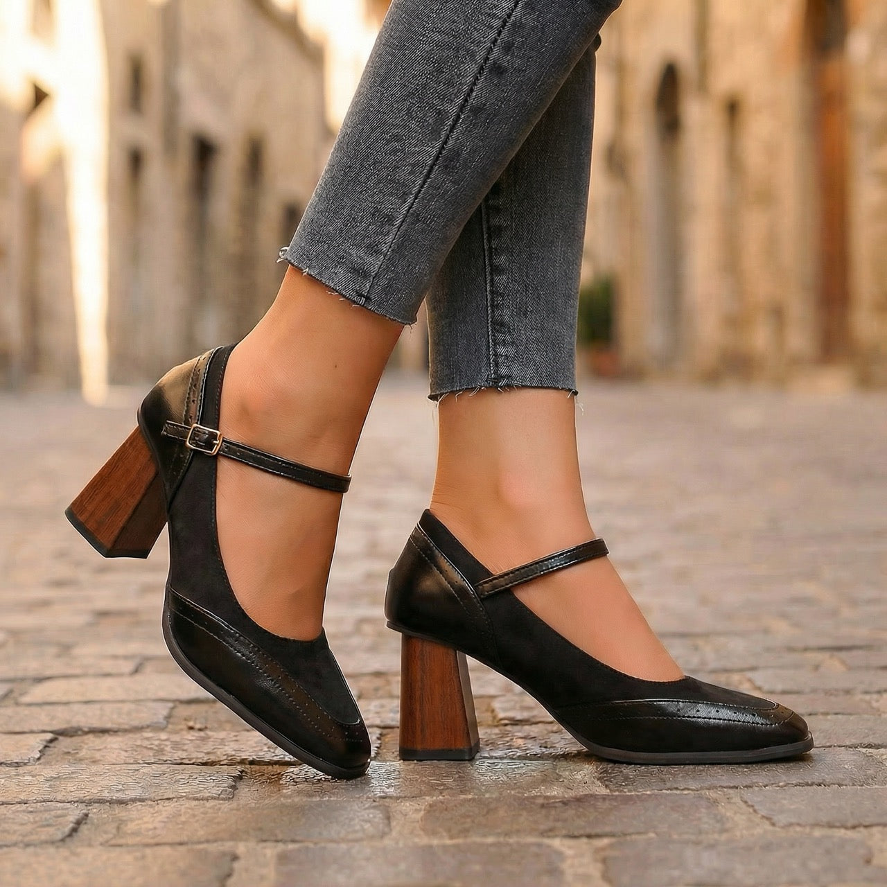 Women's Premium Vegan Leather Block Heel Mary Janes Corvine