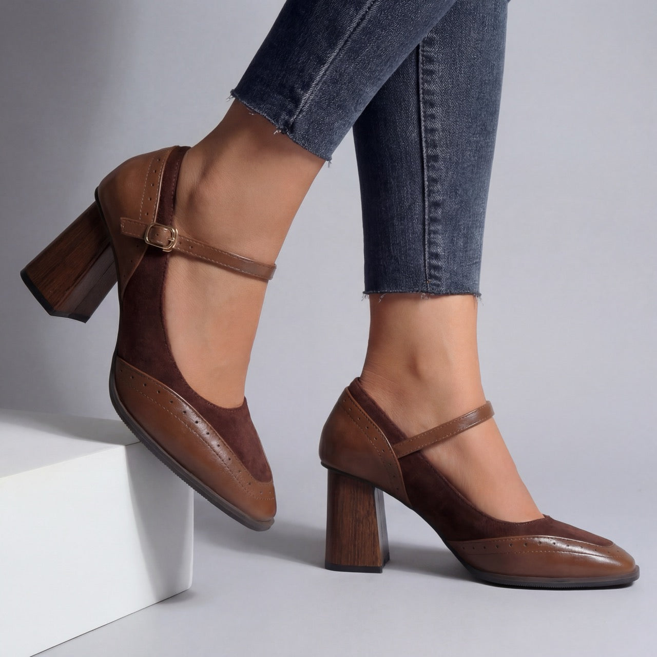 Women's Premium Vegan Leather Block Heel Mary Janes Corvine