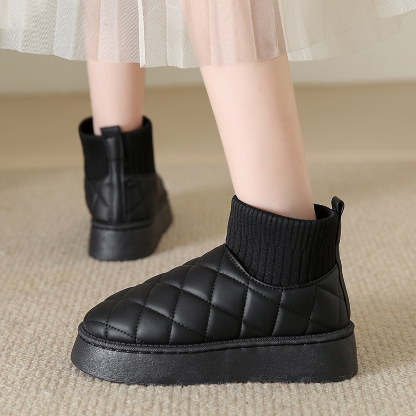 Women's Quilted Black Faux Leather Ankle Boots Corvine