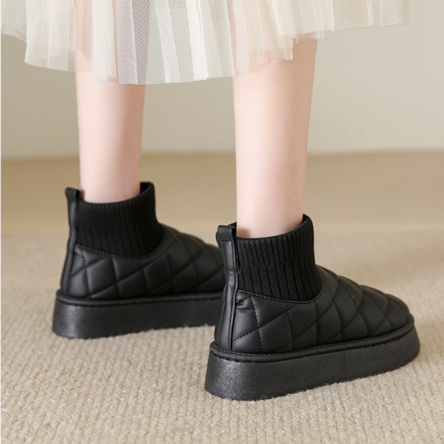 Women's Quilted Black Faux Leather Ankle Boots Corvine