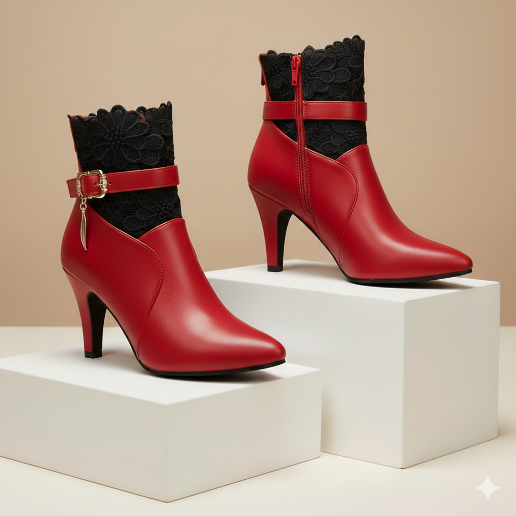 Women's Red Leather Lace Ankle Boots Corvine