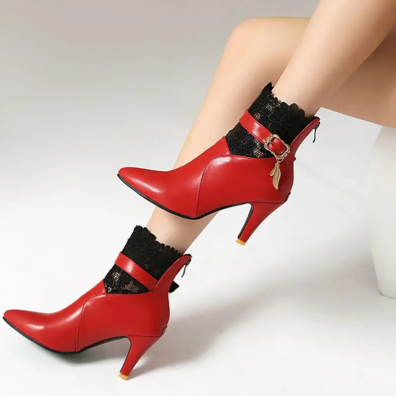 Women's Red Leather Lace Ankle Boots Corvine