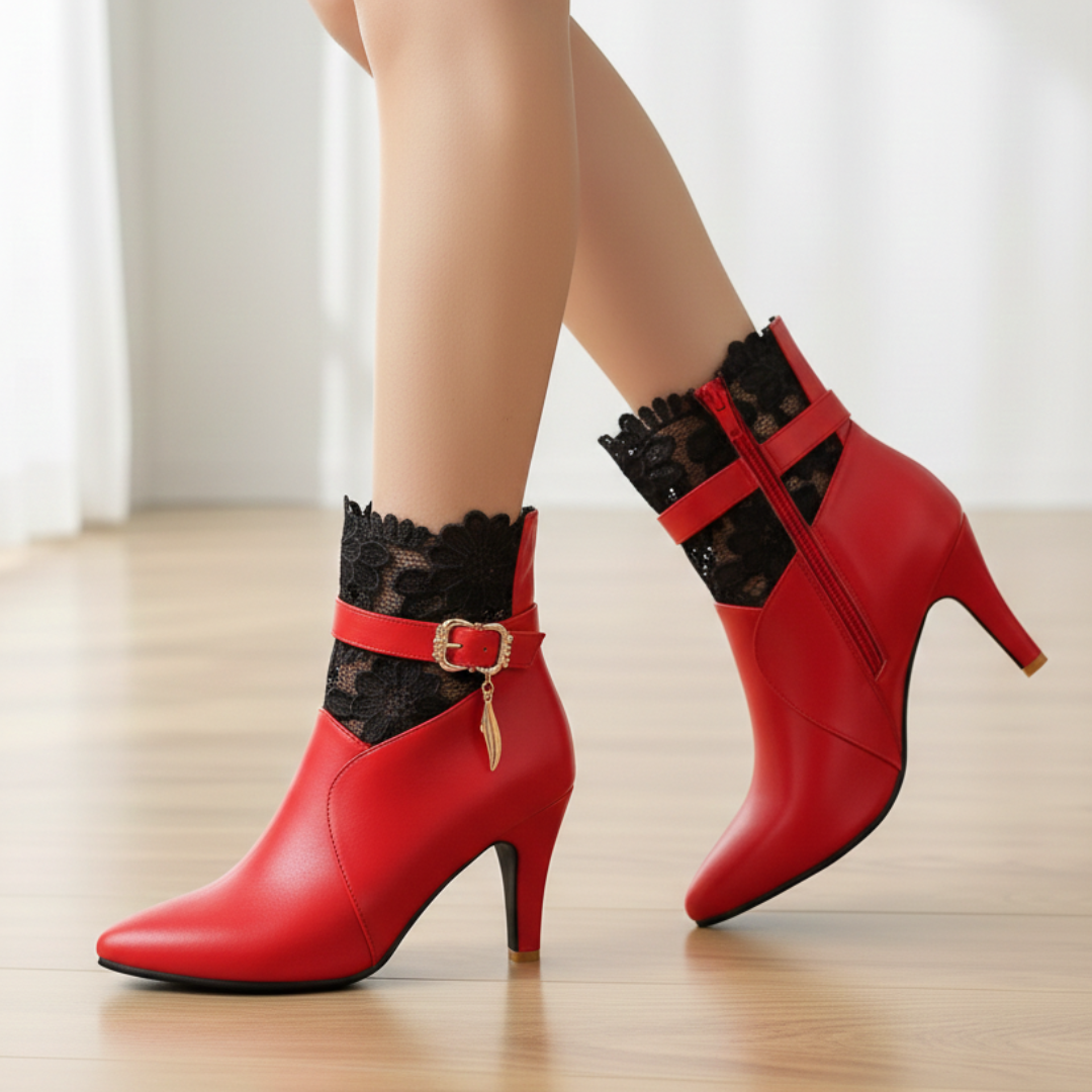 Women's Red Leather Lace Ankle Boots Corvine