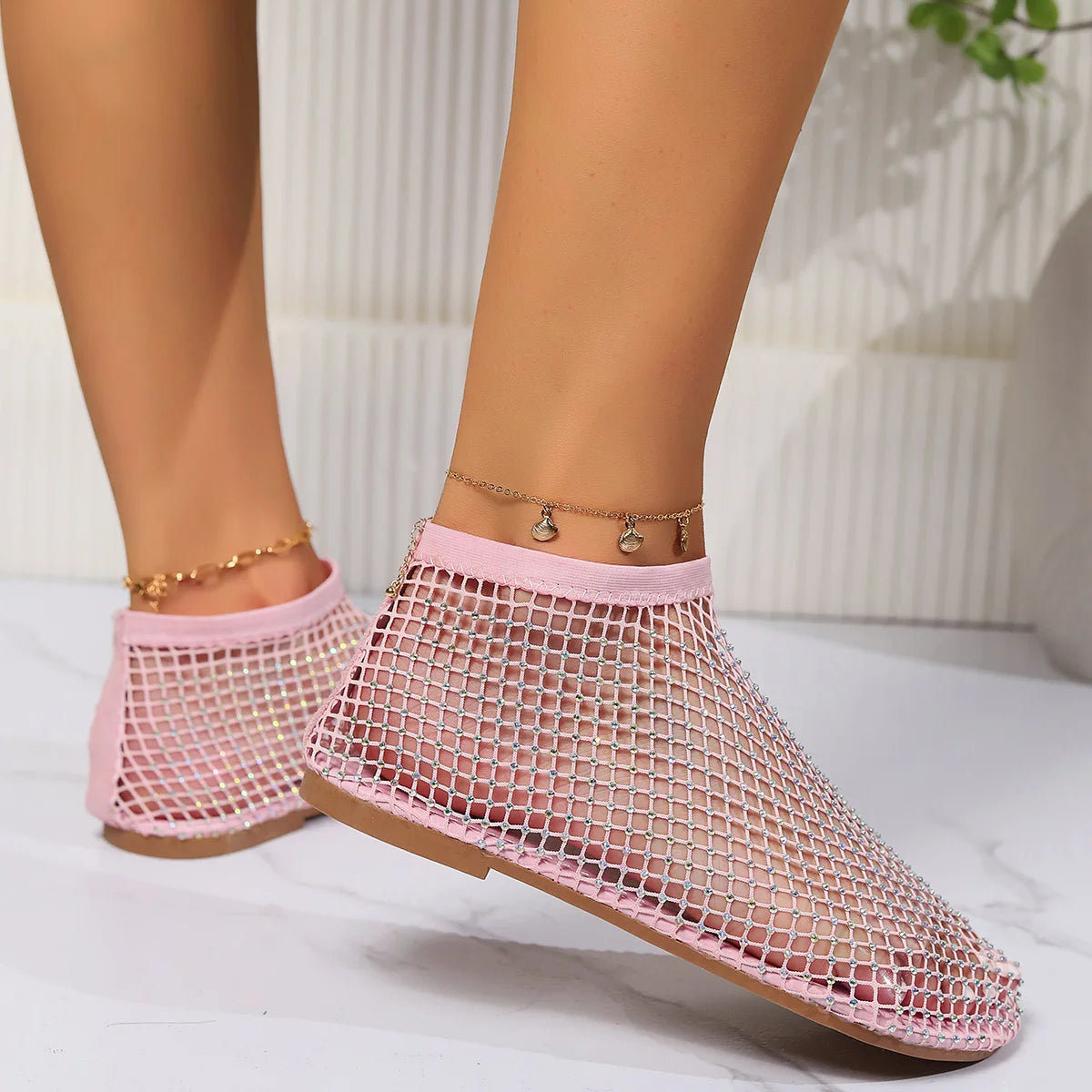 Women's Rhinestone-Embellished Mesh Slip-On Flats Corvine