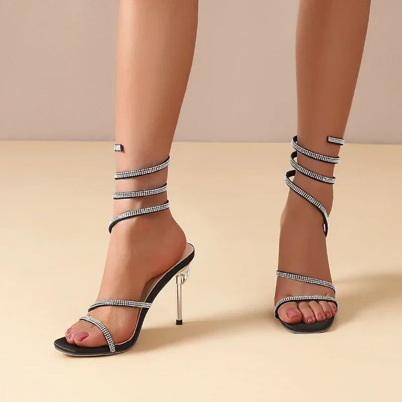 Women's Rhinestone Spiral Strap Black Stiletto Heels Corvine