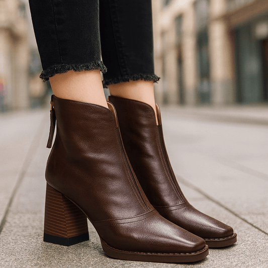 Women's Rich Leather Block Heel Black Boots Corvine