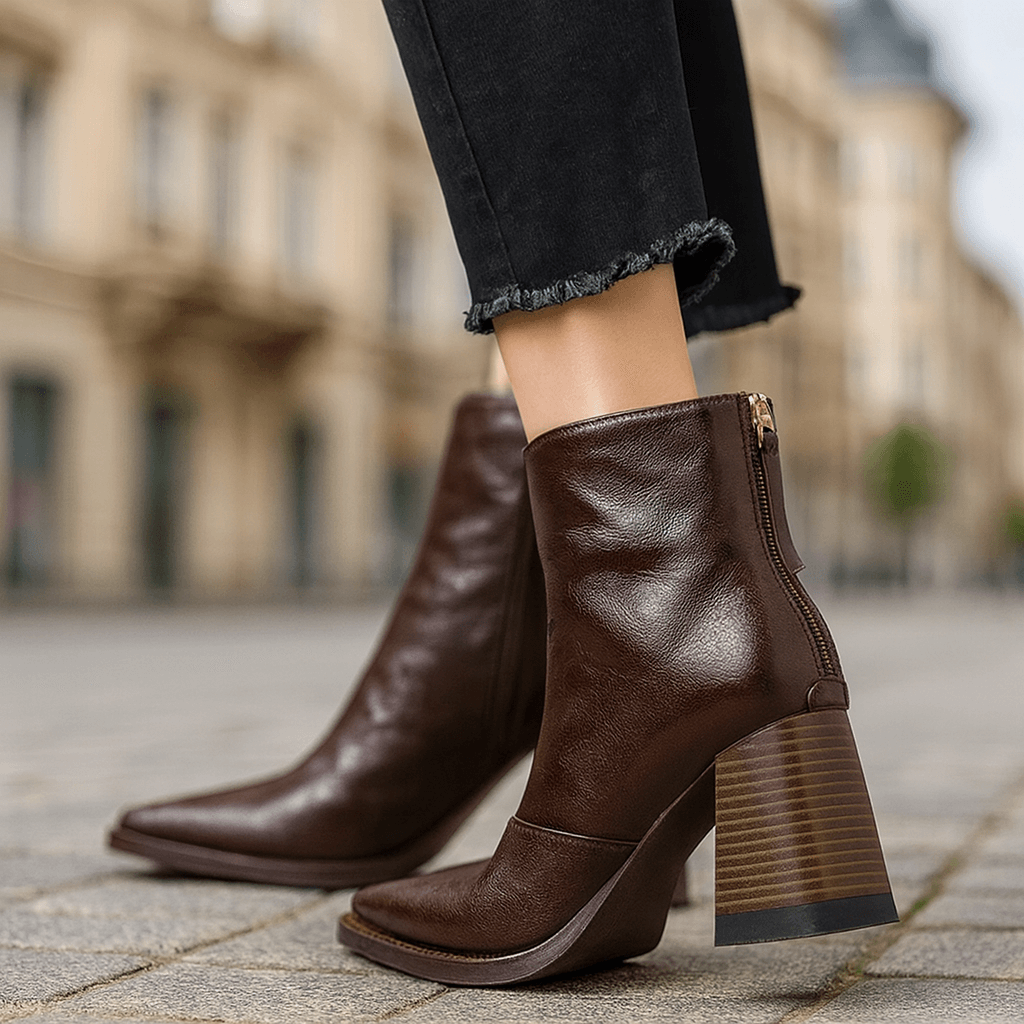 Women's Rich Leather Block Heel Black Boots Corvine