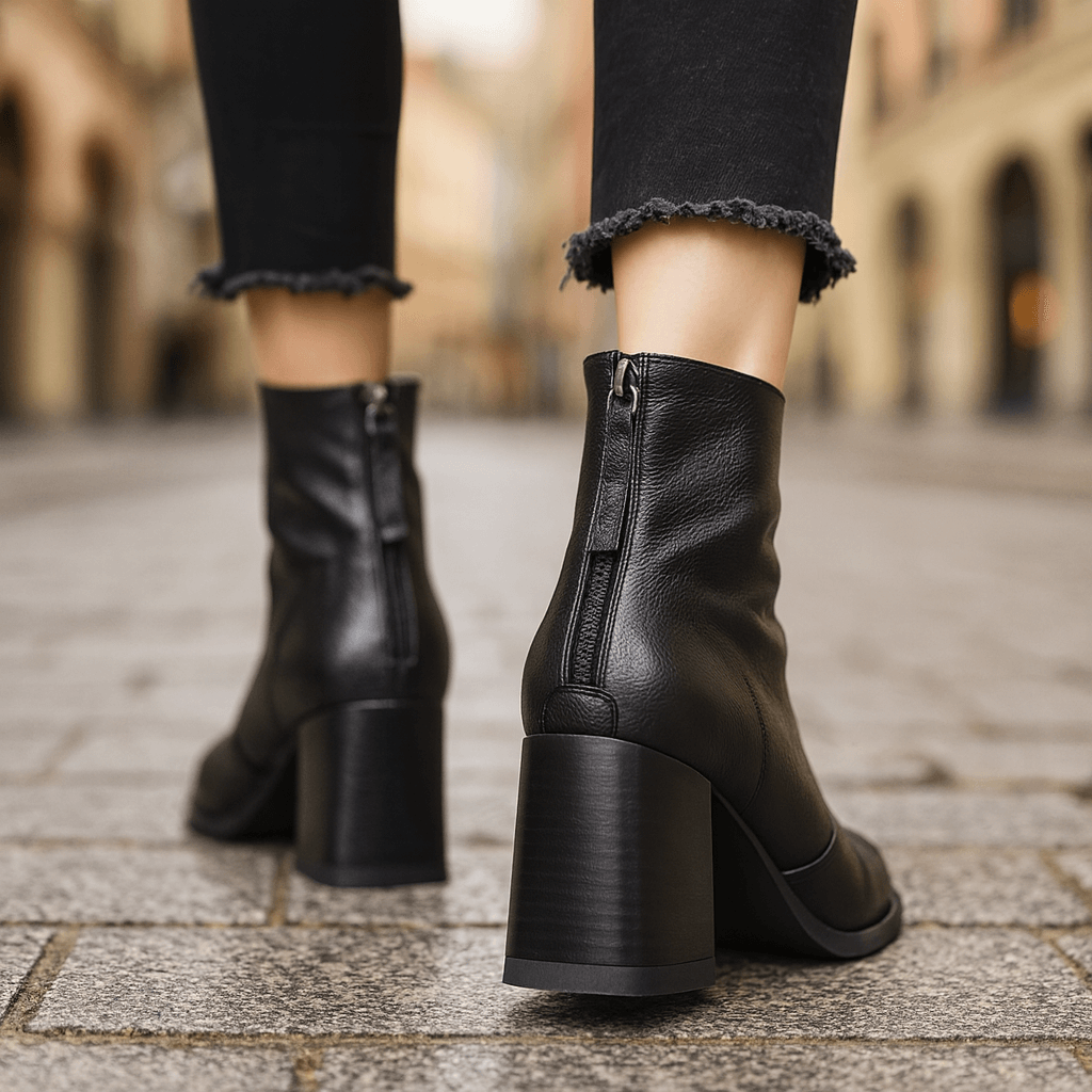 Women's Rich Leather Block Heel Black Boots Corvine