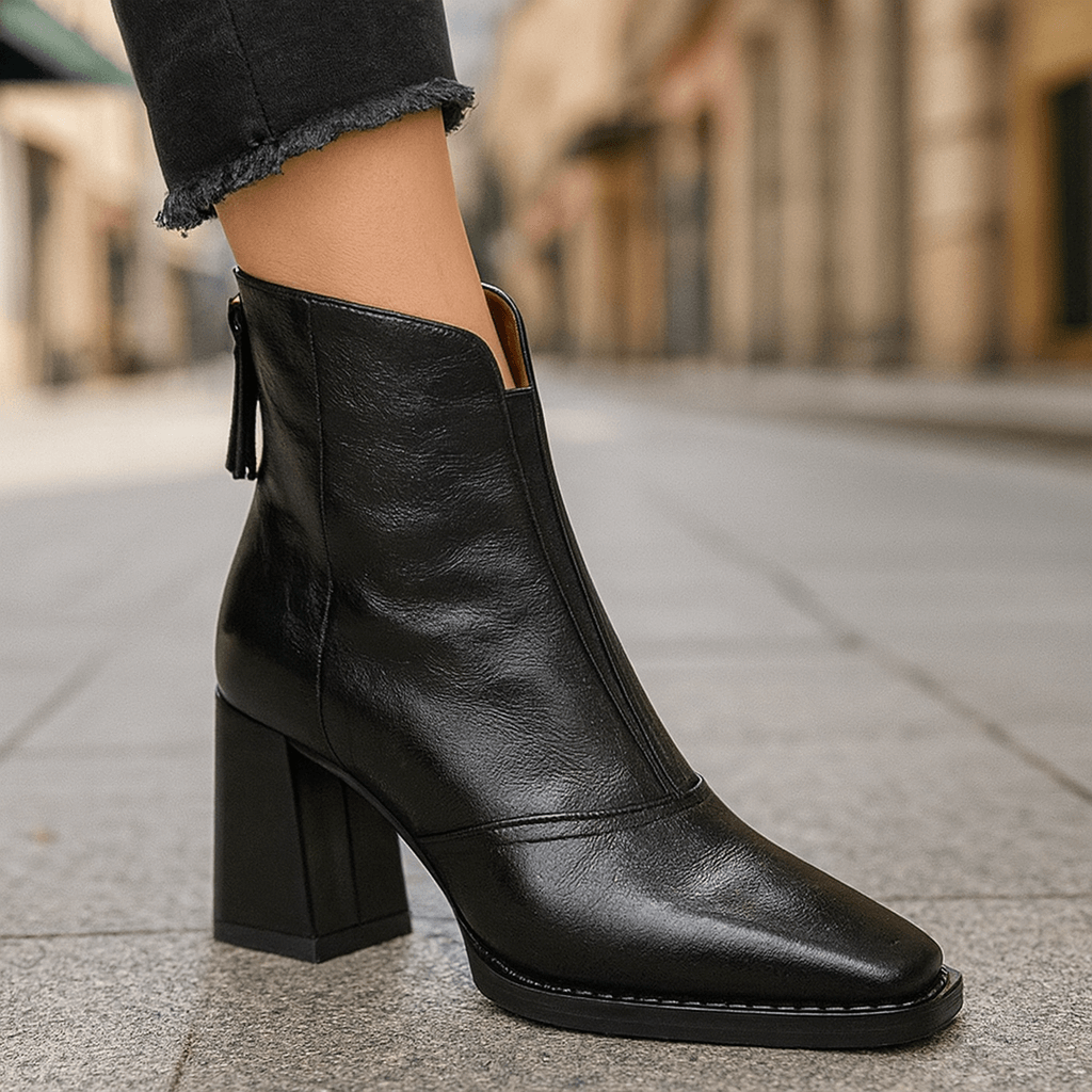 Women's Rich Leather Block Heel Black Boots Corvine
