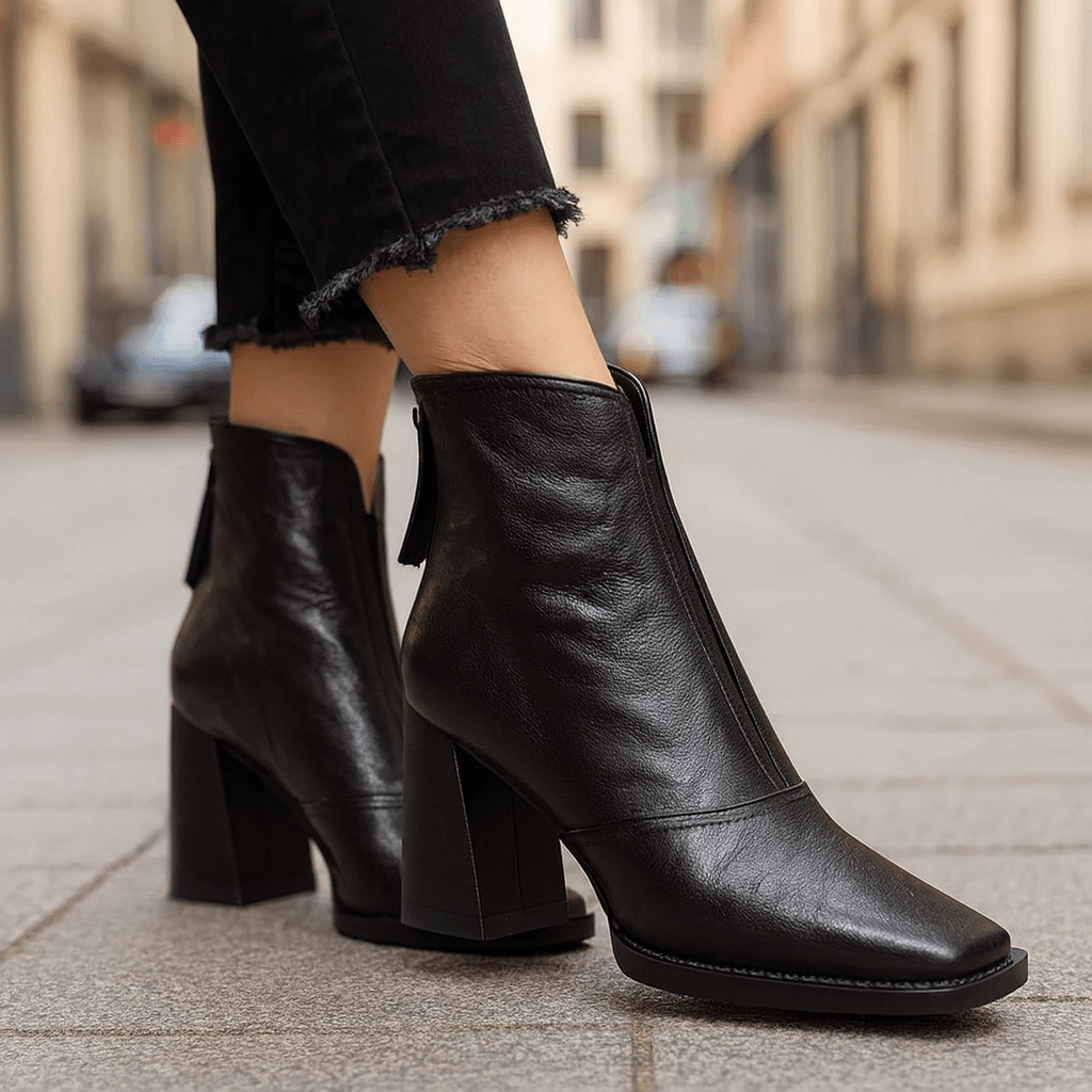 Women's Rich Leather Block Heel Black Boots Corvine