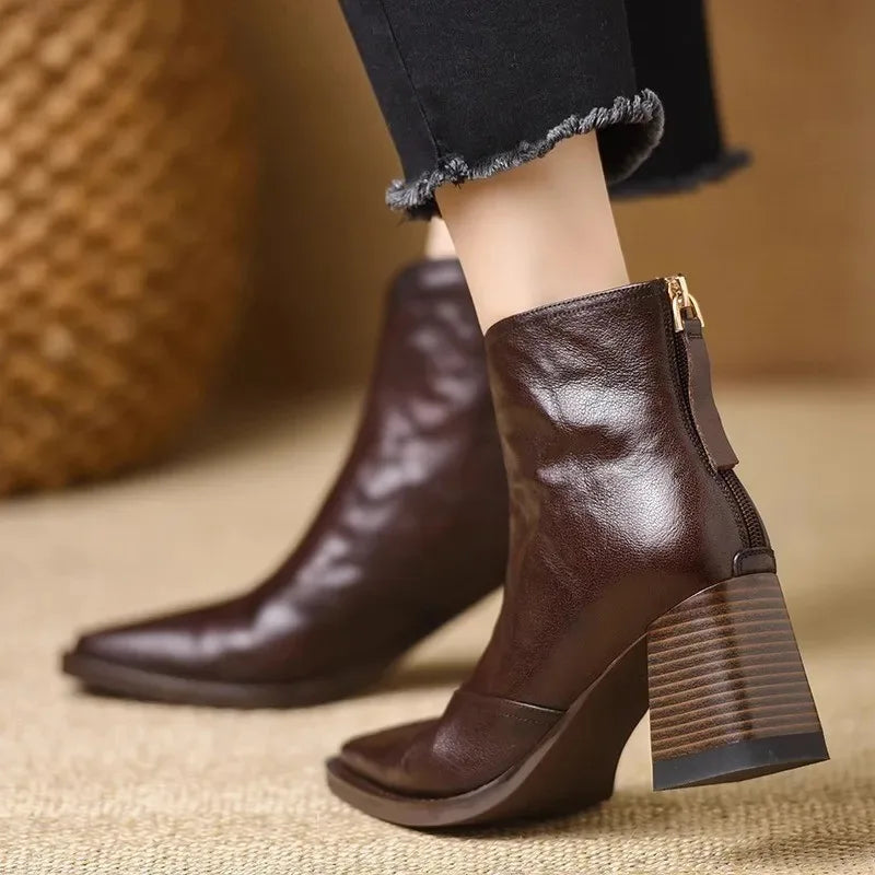 Women's Rich Leather Block Heel Black Boots Corvine