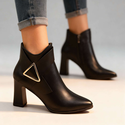 Women's Rich Upper Folded Strap Block Heel Boots Corvine