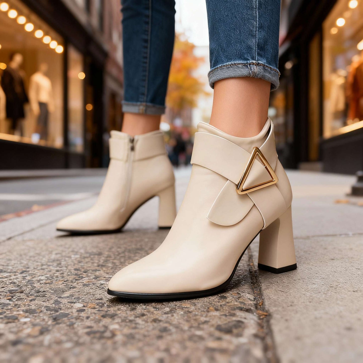 Women's Rich Upper Folded Strap Block Heel Boots Corvine