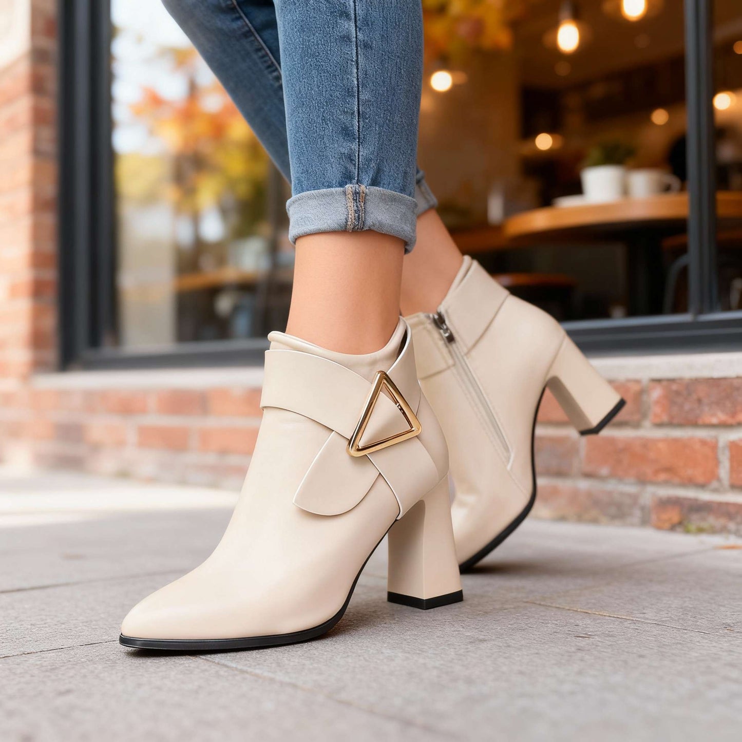 Women's Rich Upper Folded Strap Block Heel Boots Corvine