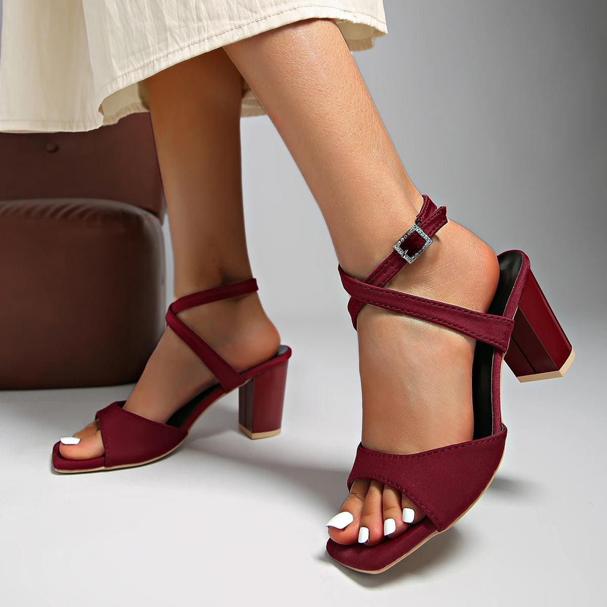Women's Satin-Finish Criss-Cross Block Heel Sandals Corvine