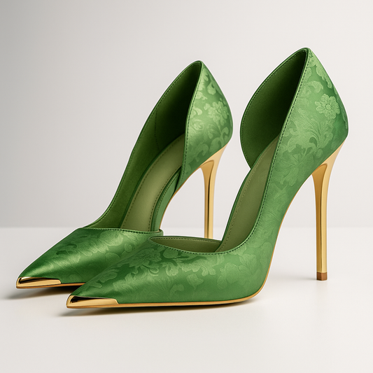 Women's Satin Jacquard Gold Stiletto Heels Corvine