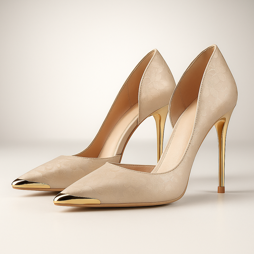 Women's Satin Jacquard Gold Stiletto Heels Corvine