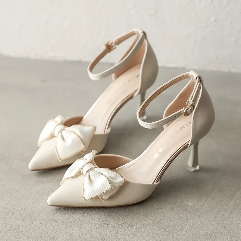 Women's Satin Pointed Toe Heels with Bow Detail Corvine