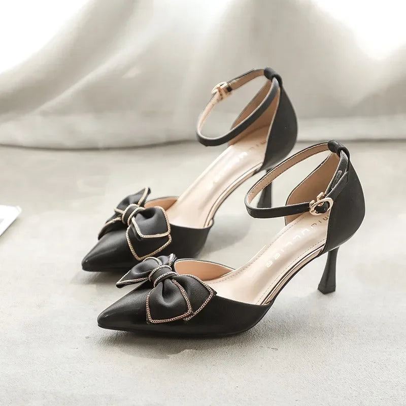 Women's Satin Pointed Toe Heels with Bow Detail Corvine