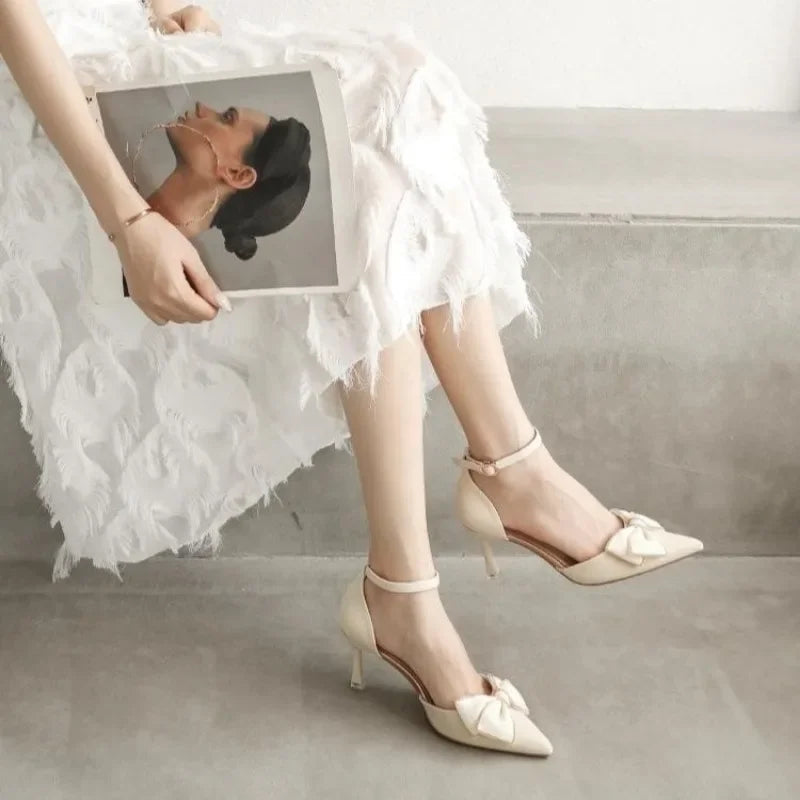 Women's Satin Pointed Toe Heels with Bow Detail Corvine