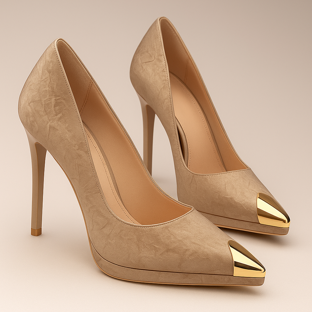 Women's Satin Textured Gold Heels Corvine