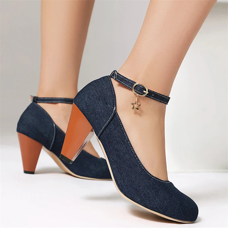 Women's Sculpted Denim Block Heels Corvine