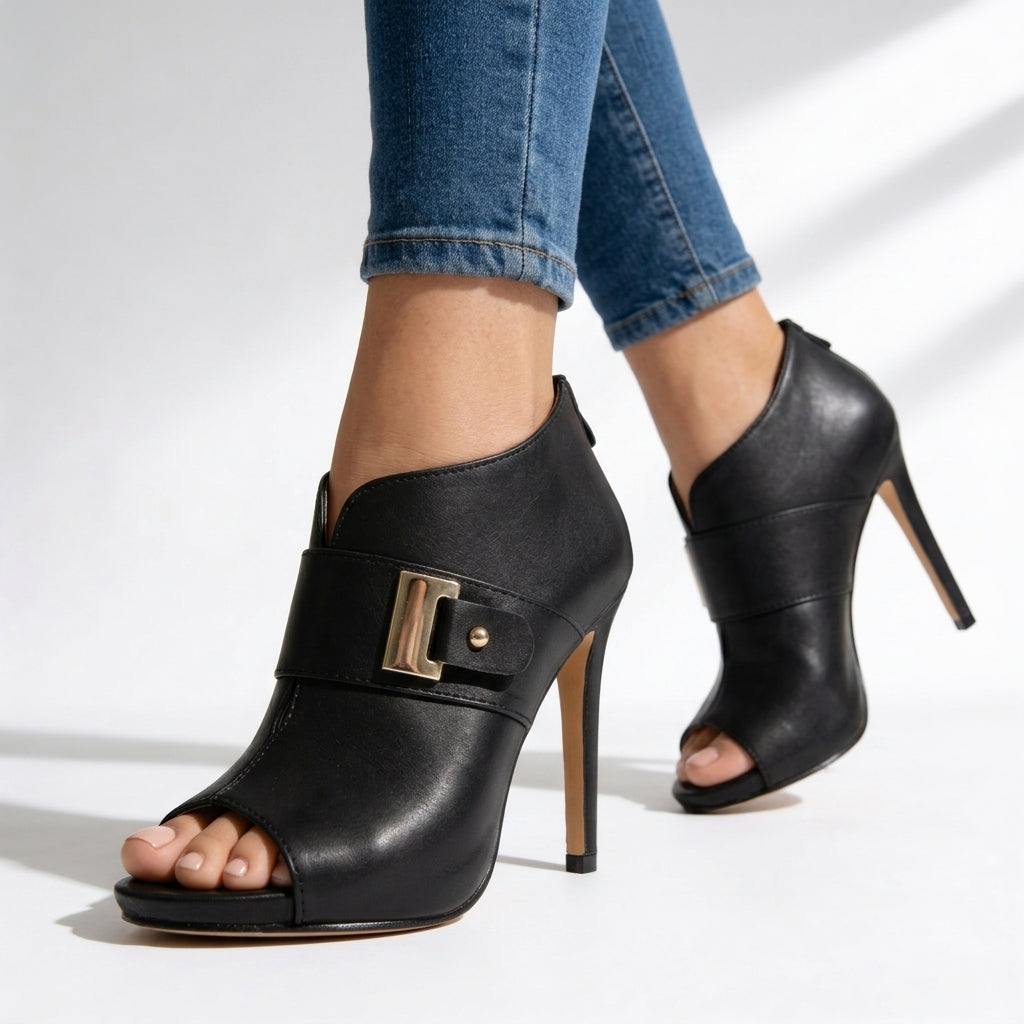 Women's Sculpted Gold Peep-Toe Ankle Heels Corvine